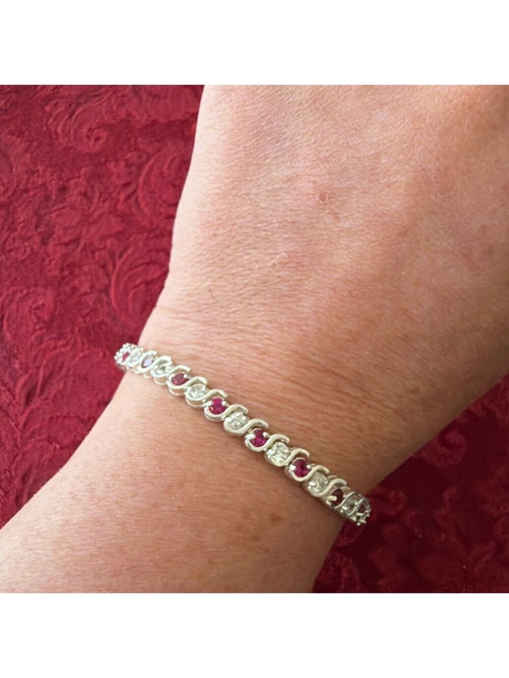 Vintage 925 Sterling Silver Ruby And Cubic Zirconia S-Link Tennis Bracelet